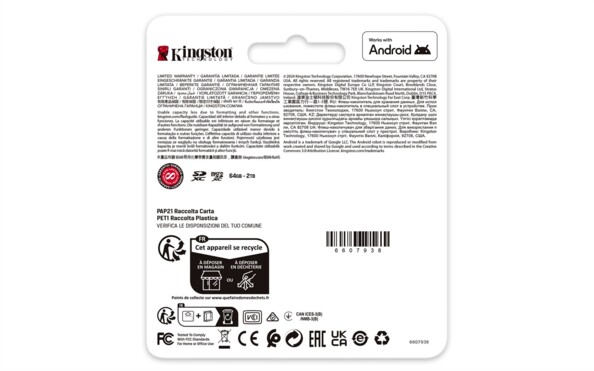 Face arrière du blister Kingston avec garantie multilingue, badge Android et logos de certification