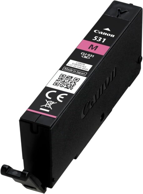 Vue du dessus de la cartouche CLI 531 magenta pour imprimante jet d'encre Canon PIXMA TS8750 et TS8751 avec étiquette de caractéristiques techniques et boîtier coloris noir