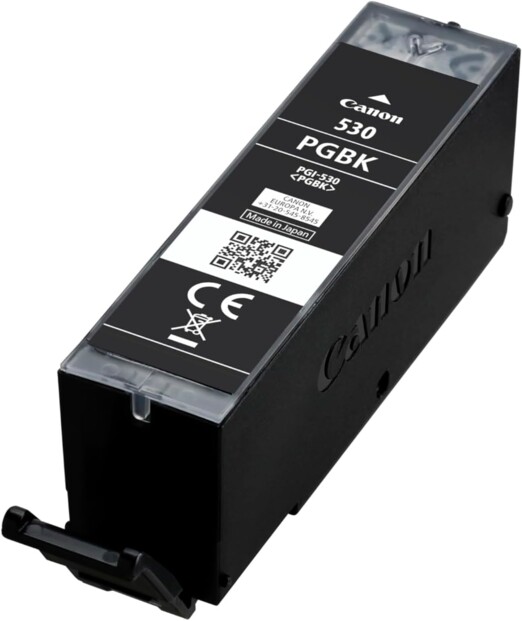 Cartouche Canon PGI530 PGBK coloris noir hors de son emballage avec étiquette de caractéristiques techniques sur le dessus