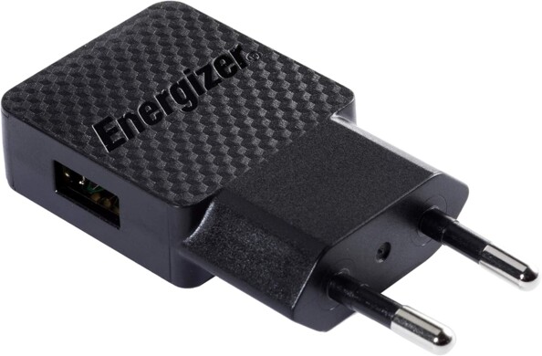 Adaptateur secteur Energizer coloris noir mat avec fiche d'alimentation secteur et port USB-A sur le côté