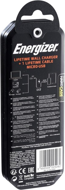 Arrière du packaging de l'adaptateur secteur noir mat USB avec caractéristiques techniques et instructions