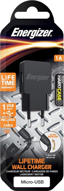 Face avant de l'emballage du chargeur secteur universel USB-A 5 W / 1 A avec câble Micro-USB