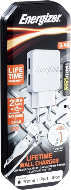 Face avant de l'emballage du chargeur secteur universel 2 x USB-A 17 W / 3,4 A avec câble USB-A vers Lightning