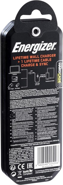 Arrière du packaging de l'adaptateur secteur blanc mat double USB avec caractéristiques techniques et instructions