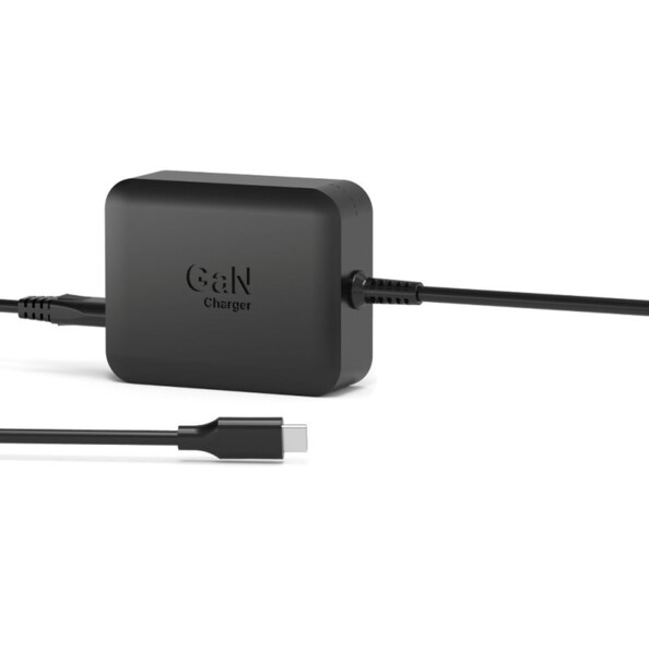 Vue du dessus du bloc d'alimentation carré en deux parties avec câble d'alimentation AC CEE 7/16 1,2 m et câble USB-C 1 m