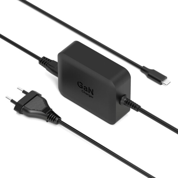 Vue du dessus du bloc d'alimentation carré en deux parties avec câble d'alimentation AC CEE 7/16 1,2 m et câble USB-C 1 m