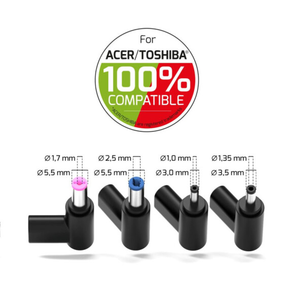 Quatre embouts DC 100% compatibles Acer et Toshiba Ø 3 x 1 / 3,5 x 1,35 / 5,5 x 2,5 / 5,5 x 1,7 mm avec diamètres intérieurs et extérieurs annotés