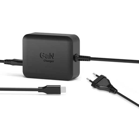 Vue du dessus du bloc d'alimentation carré en deux parties avec câble d'alimentation AC CEE 7/16 1,2 m et câble USB-C 1 m
