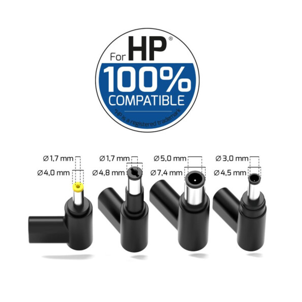 Quatre embouts DC 100% compatibles HP Ø 4 / 4,5 / 4,8 / 7,4 mm avec diamètres intérieurs et extérieurs annotés