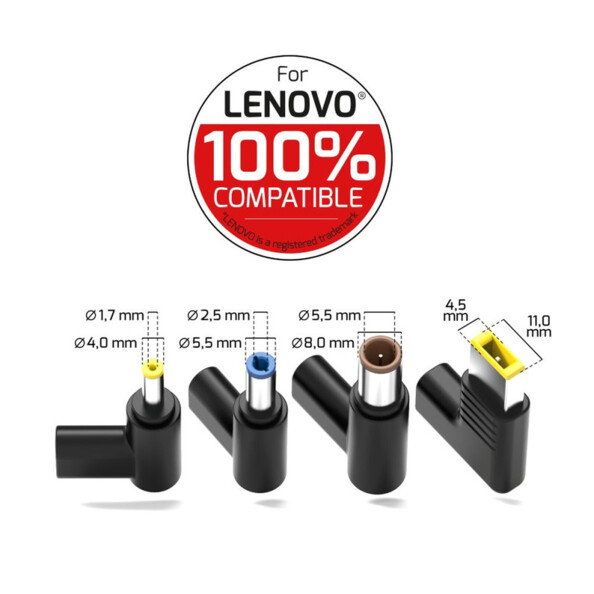 Quatre embouts DC 100% compatibles Lenovo Ø 4 x 1,7 / 2,5 x 5,5 / 8 x 5,5 / 4,5 x 11 mm avec diamètres intérieurs et extérieurs annotés