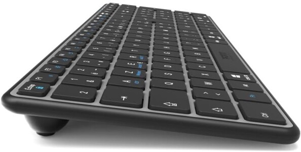 Gros plan sur la fine épaisseur du clavier compact AZERTY coloris noir avec pied de support apparent