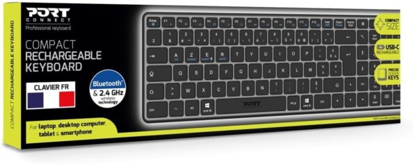 Clavier AZERTY compact rechargeable 2,4 GHz/bluetooth coloris noir Port Connect dans son emballage cartonné