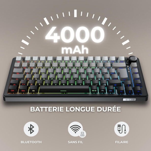 Visuel promotionnel du clavier The G-Lab Keyz Elite avec batterie 4000 mAh et triple connectivité Bluetooth