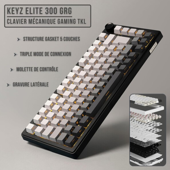 Visuel promotionnel du clavier gaming The G-Lab Keyz Elite présentant sa structure gasket et triple connectivité