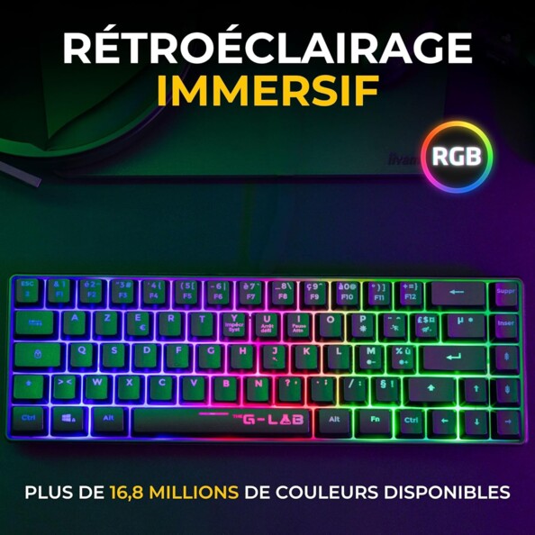 Affiche illustrant le rétroéclairage immersif à 16,7 millions de couleurs du clavier The G-Lab