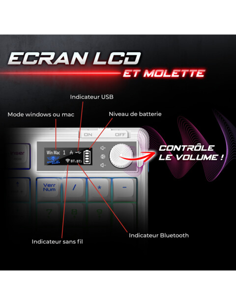 Gros plan sur l'écran LCD et la molette intégrés au clavier pour affichage et contrôle des données
