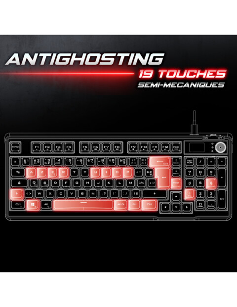 Gros plan sur les 19 touches anti-ghosting du clavier gamer semi-mécanique