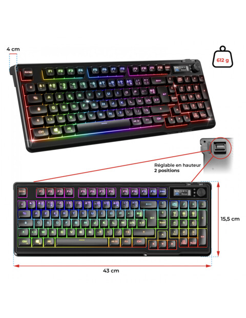 Dimensions de hauteur, largeur et longueur et poids annotés autour du clavier gaming déballé