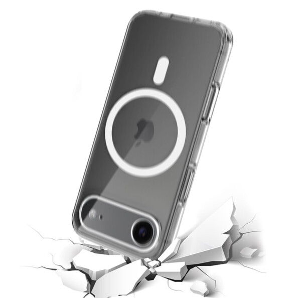 Choc simulé en 3D d'un iPhone 17 Air coloris noir équipé de la coque de protection transparente sur un sol blanc