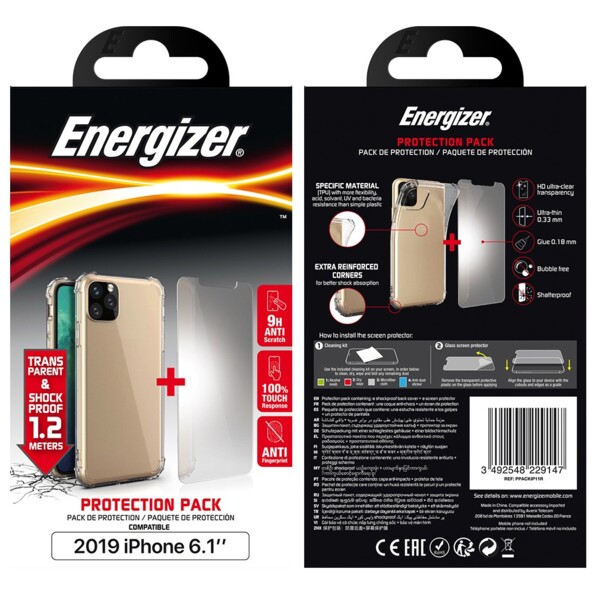 Emballage du pack de protection pour iPhone 11/XR Energizer avec coque renforcée, verre trempé 9H et kit de nettoyage pour écran