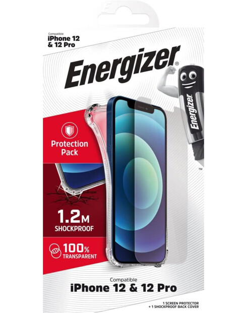 Face avant du packaging du pack de protection avec coque, verre trempé et nettoyant écran Energizer