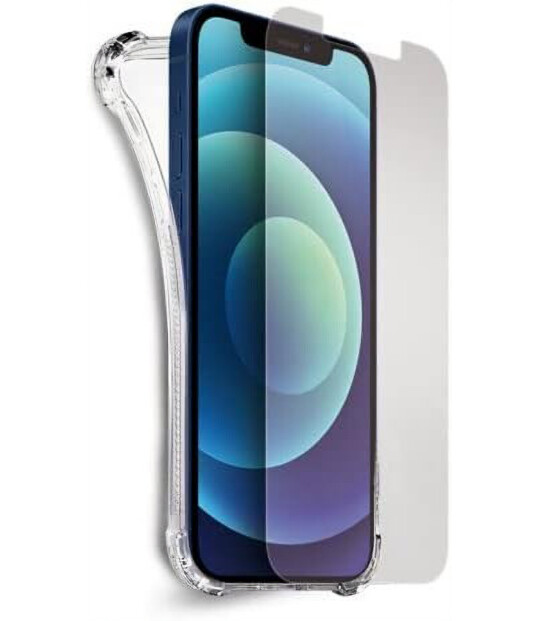 Installation en cours de l’étui de protection antichocs et de la vitre en verre trempé 9H sur un iPhone 12 à l’écran allumé