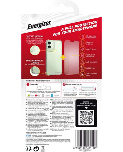 Face arrière de l'emballage du kit de protection pour iPhone 12 Mini avec données techniques