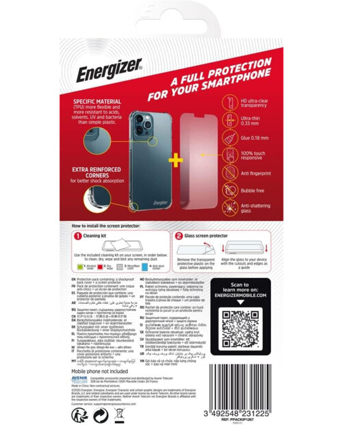 Face arrière de l'emballage du kit de protection pour iPhone 12 Pro Max avec données techniques