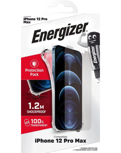 Face avant du packaging du pack de protection avec coque, verre trempé et nettoyant écran Energizer