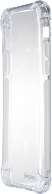 Vue de biais de l'étui de protection pour iPhone X/XS en TPU avec angles et logements pour boutons renforcés et orifices pour appareil photo