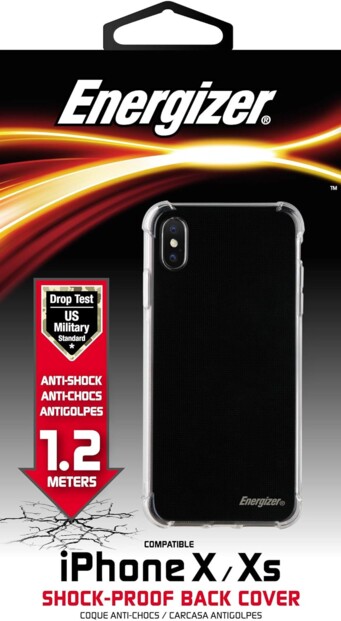 Face avant du packaging Energizer avec mise en avant des caractéristiques de la coque de protection renforcée