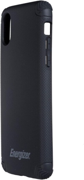 Vue de biais de l'étui de protection pour iPhone X/XS en TPU avec angles et logements pour boutons renforcés et orifices pour appareil photo