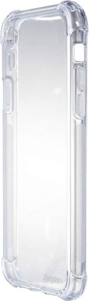 Vue de biais de l'étui de protection pour iPhone XR en TPU avec angles et logements pour boutons renforcés et orifices pour appareil photo