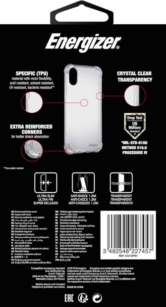 Vue arrière de l'emballage de la coque antichoc pour iPhone XR de la marque Energizer avec données techniques