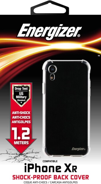 Face avant du packaging Energizer avec mise en avant des caractéristiques de la coque de protection renforcée