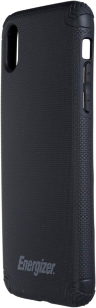 Vue de biais de l'étui de protection pour iPhone XR en TPU avec angles et logements pour boutons renforcés et orifices pour appareil photo