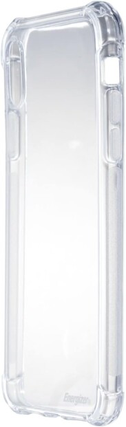 Vue de biais de l'étui de protection pour iPhone XS Max en TPU avec angles et logements pour boutons renforcés et orifices pour appareil photo