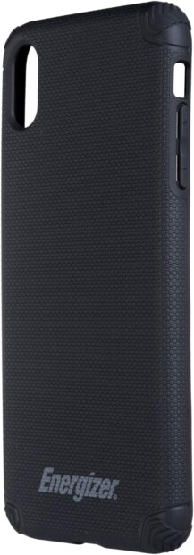 Vue de biais de l'étui de protection pour iPhone XS Max en TPU avec angles et logements pour boutons renforcés et orifices pour appareil photo