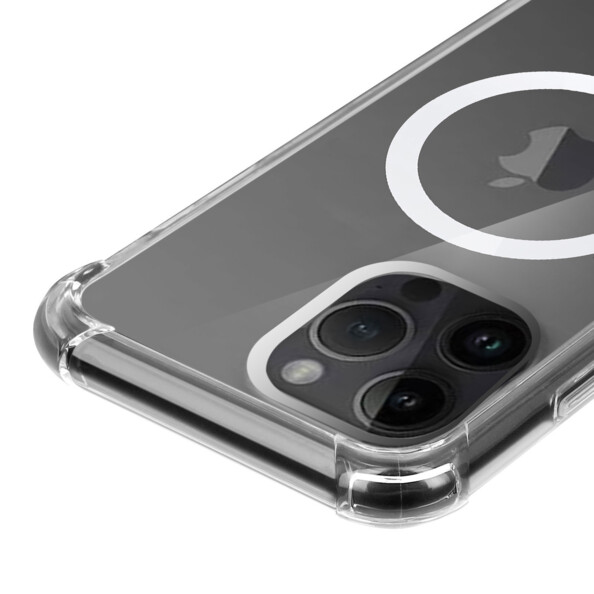 Gros plan sur les coins renforcés de la coque de protection transparente pour iPhone