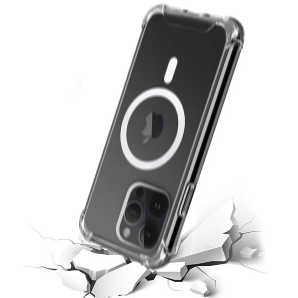 Choc simulé en 3D d'un iPhone 14 Pro coloris noir équipé de la coque de protection transparente sur un sol blanc