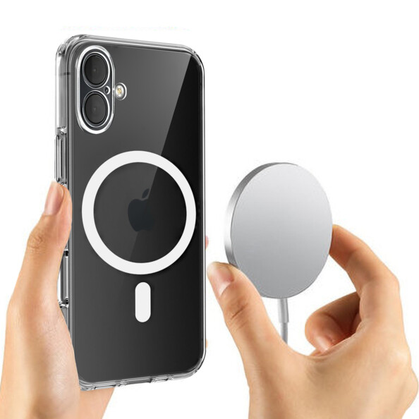 Aimantation d'une surface de chargement magnétique par induction au dos aimanté de l'étui de protection antichoc MagSafe par une personne tenant chaque élément dans une main