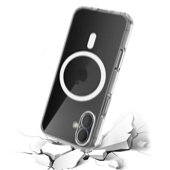 Choc simulé en 3D d'un iPhone 17 coloris noir équipé de la coque de protection transparente sur un sol blanc