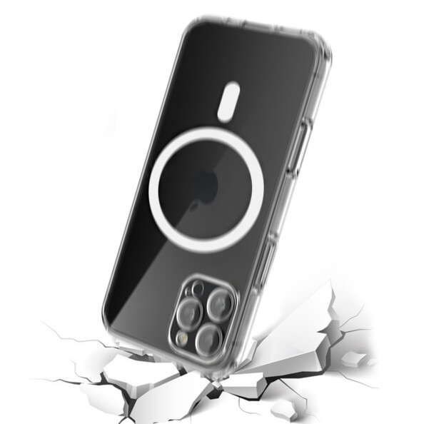 Choc simulé en 3D d'un iPhone 16 Pro Max coloris noir équipé de la coque de protection transparente sur un sol blanc