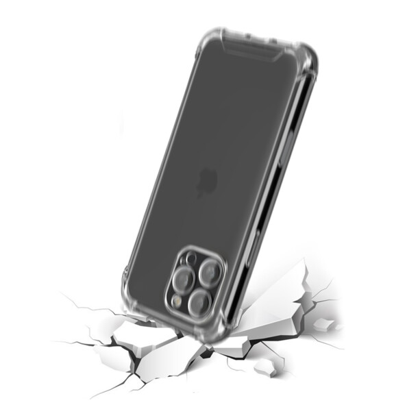 Choc simulé en 3D d'un iPhone 16 Pro coloris noir équipé de la coque de protection transparente sur un sol blanc