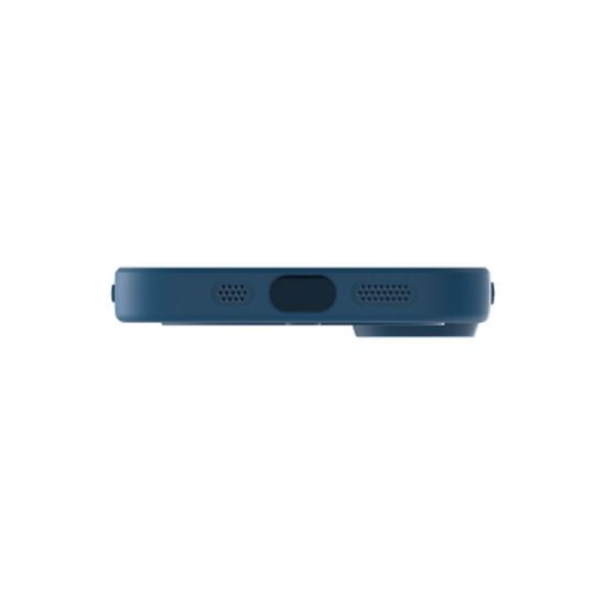 Vue du dessous de la coque souple bleue Just In Case avec ouvertures pour sorties audio et port de chargement USB-C