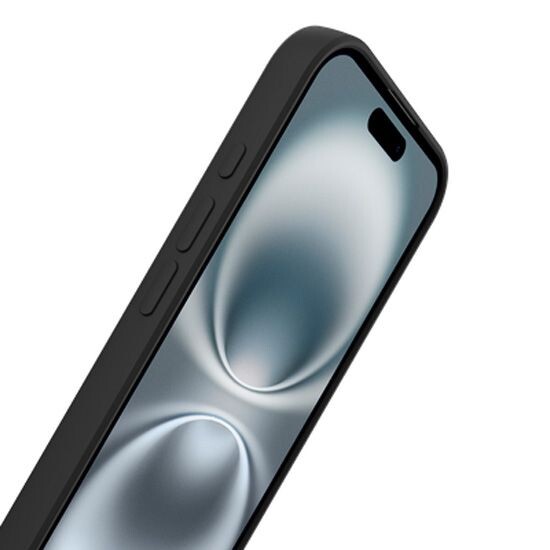 Vue de biais côté gauche d'un iPhone à l'écran allumé protégé par un étui souple coloris noir