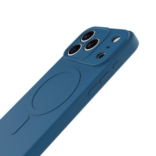 Vue de biais arrière côté gauche d'un iPhone protégé par un étui souple coloris bleu