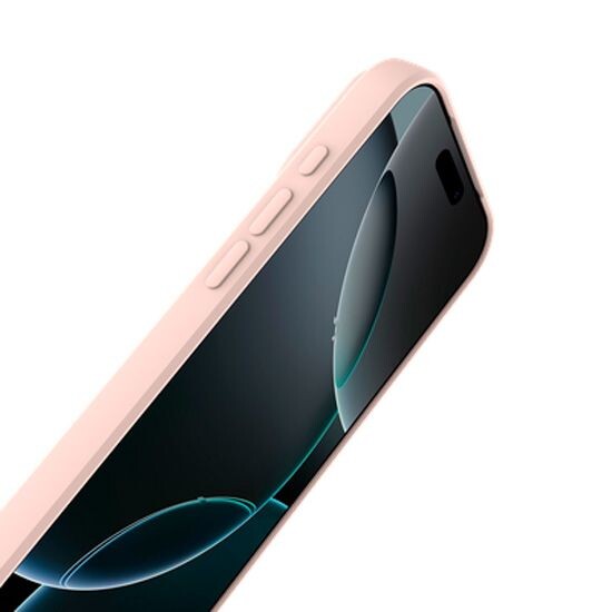 Vue de biais côté gauche d'un iPhone à l'écran allumé protégé par un étui souple coloris rose