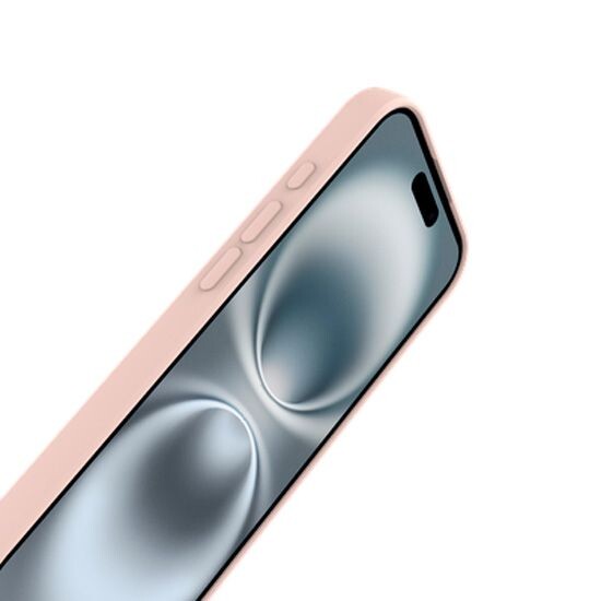 Vue de biais côté gauche d'un iPhone à l'écran allumé protégé par un étui souple coloris rose