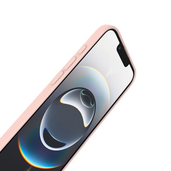 Vue de biais côté gauche d'un iPhone à l'écran allumé protégé par un étui souple coloris rose